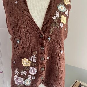 Jantzen Brown Floral Hand Embroidered sweater vest vintage cottagecore crochet